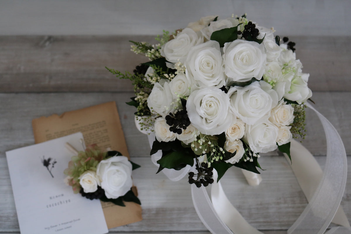 ラウンドブーケ & ブートニア / プリザーブド フラワー 結婚式 – 花と