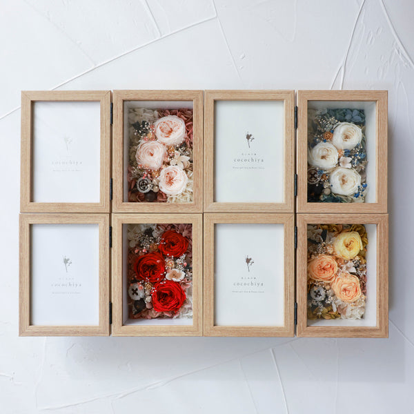 【お早め発送品】★花色選べる★ガラス文字付★想い彩るフラワーフォトフレーム 二つ折りS ナチュラル| オールドローズ/ホワイト・シャンパン・レッド・ビタミン　［結婚祝い・祝電・退職祝い・還暦祝い・傘寿・米寿祝い］
