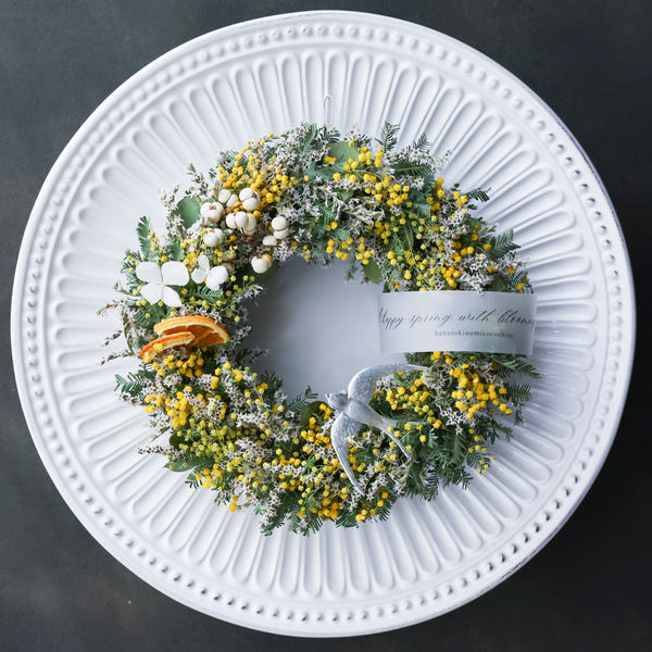 【数量限定】人気！春ミモザリース/フランス鳥オーナメント付きラウンドリース・22センチ・ミモザ/ギフトボックス茶入・1点物B
