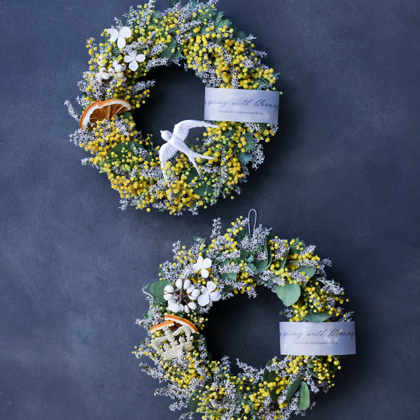 【数量限定】人気！春ミモザリース/フランスオーナメント付きオーバルリース・ラウンドリース・20センチ・ミモザ/ギフトボックス茶入・C・D