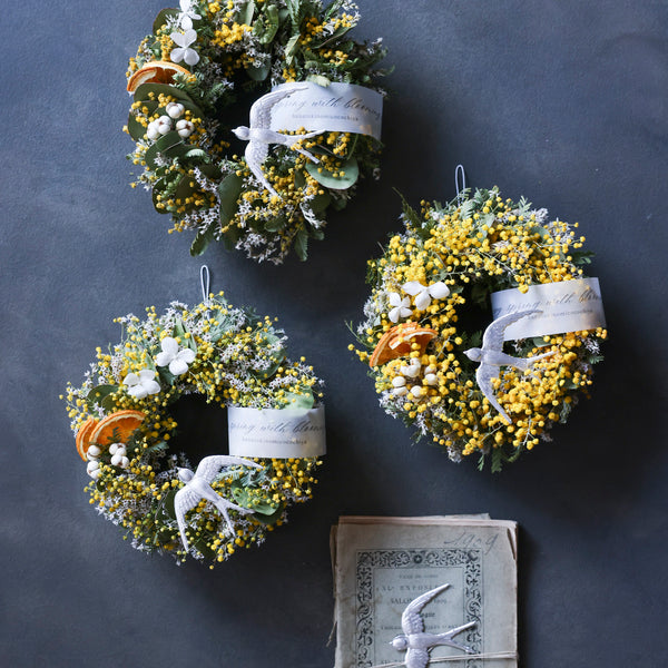 【数量限定】人気！春ミモザリース/フランス鳥オーナメント付きオーバルリース・ラウンドリース・17センチ/ギフトボックス茶入・E・F・G