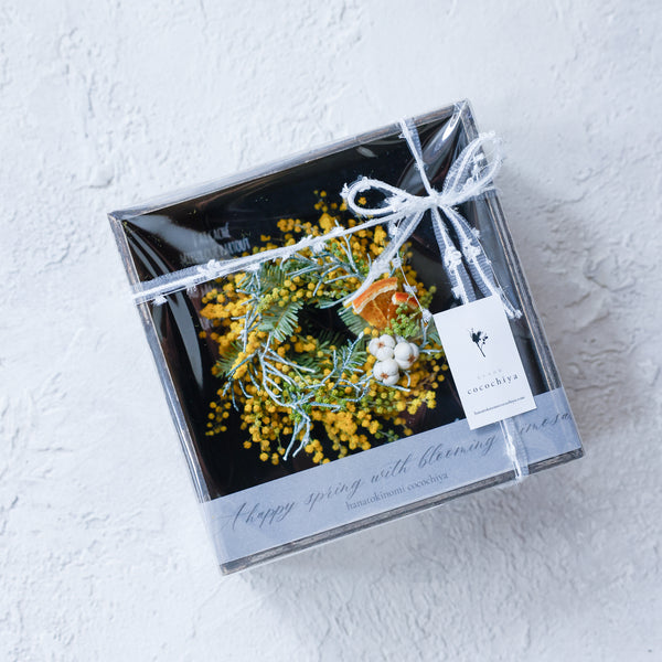 【一点物】ミモザリースのウッドボックスアレンジ｜ドライフラワー｜春インテリア・ギフトに