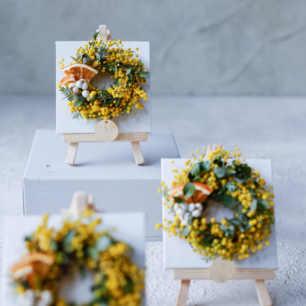 【一点物】ミモザリースのミニキャンバスアレンジ｜ドライフラワー｜春インテリア・ギフトに