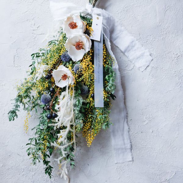 【一点物】ミモザ＆ユーカリのスワッグ88cm｜ドライフラワー｜玄関・春インテリア・ギフトに人気