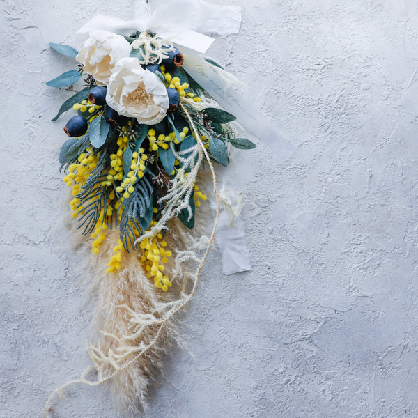 【一点物】ミモザ＆ユーカリのスワッグ｜高品質アーティフィシャルフラワー｜玄関・春インテリア・ギフトに人気