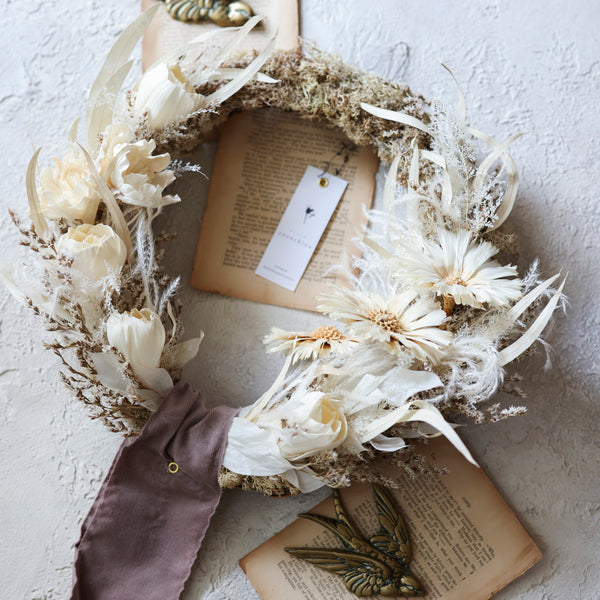 【季節の一点物】ホワイトフラワー大リース38センチ・秋冬ドライフラワー【お早め発送可能品】